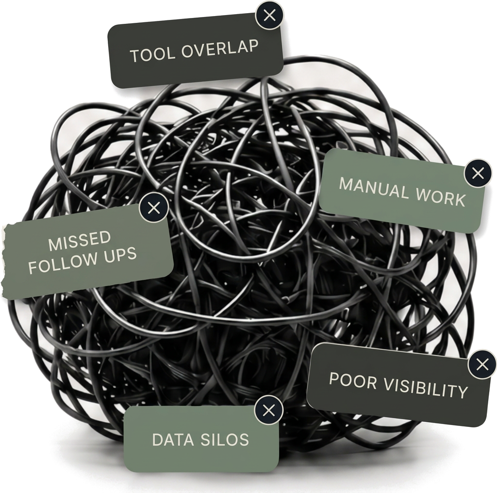 A tangled ball of cables labelled tool overlap, manual work, missed follow ups, data silos and poor visibility